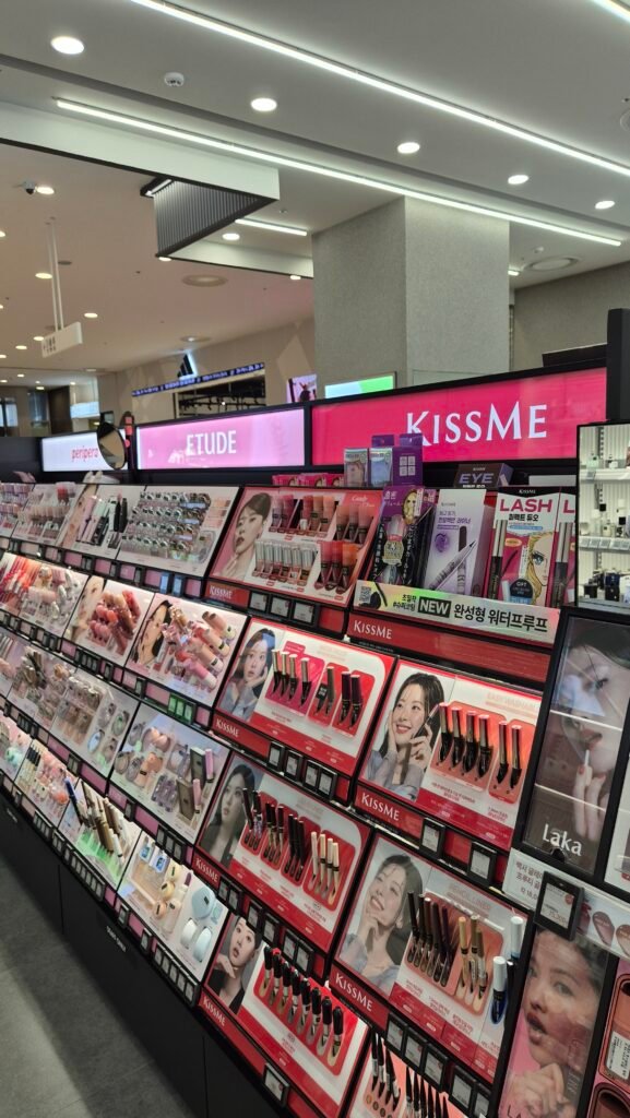 Korean makeup products displayed inside Olive Young