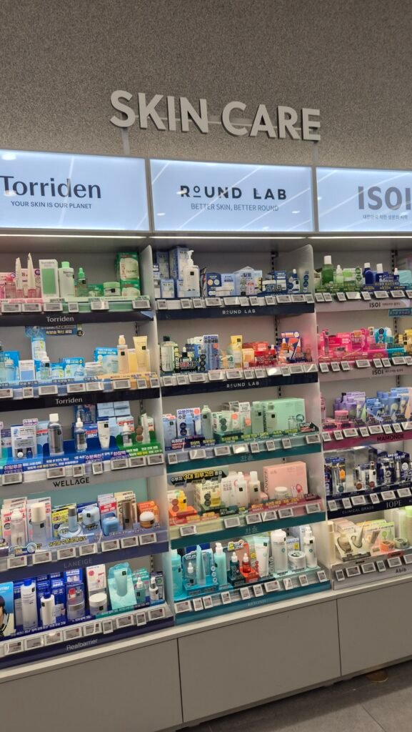 Korean skincare products displayed inside Olive Young