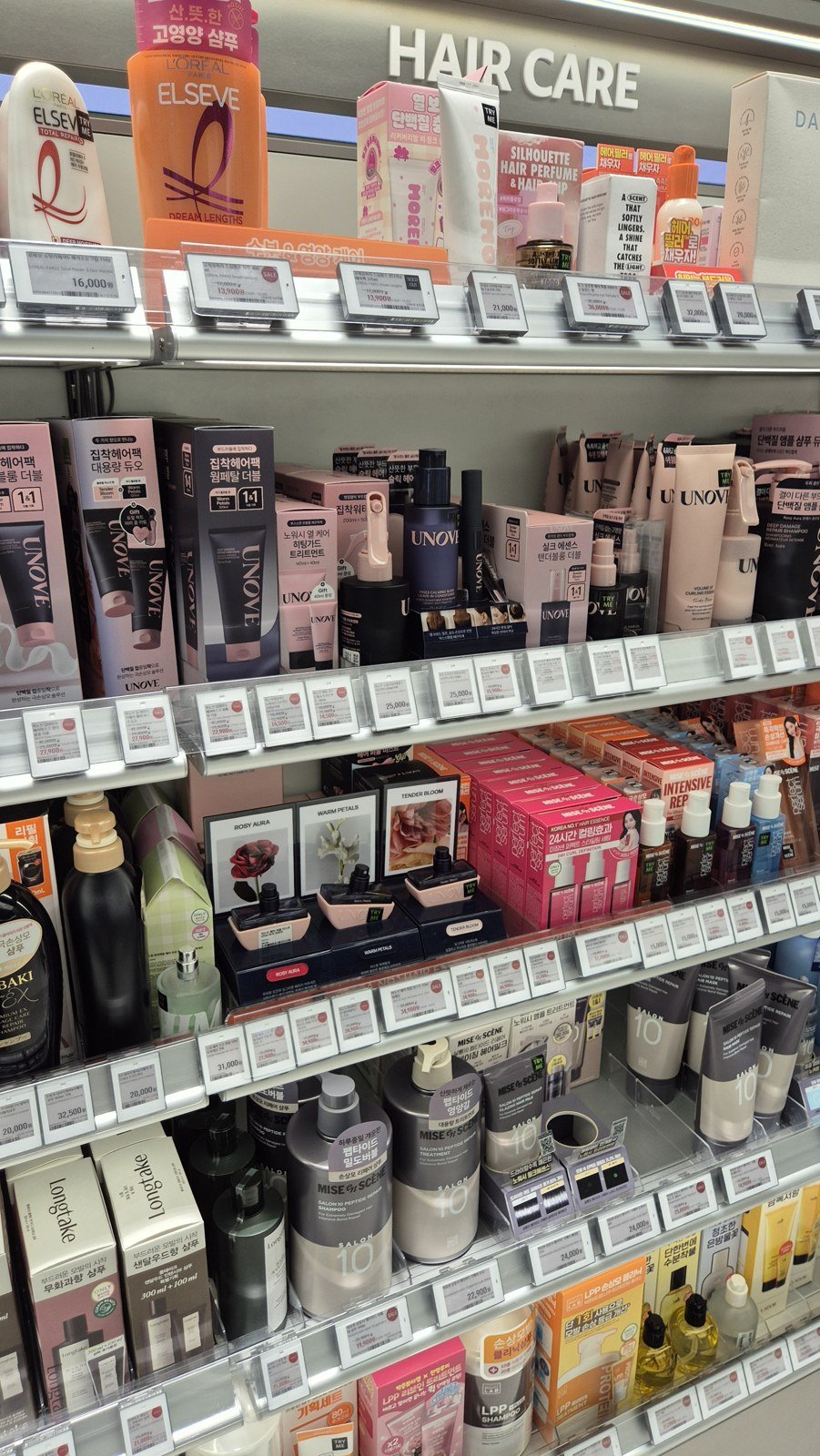 Hair care shelves photographed during JUST KOREA’s Olive Young visit in Gangnam